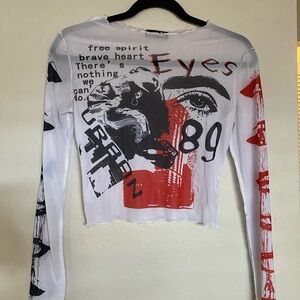 Graphic Long Sleeve Crop Top - White and Red